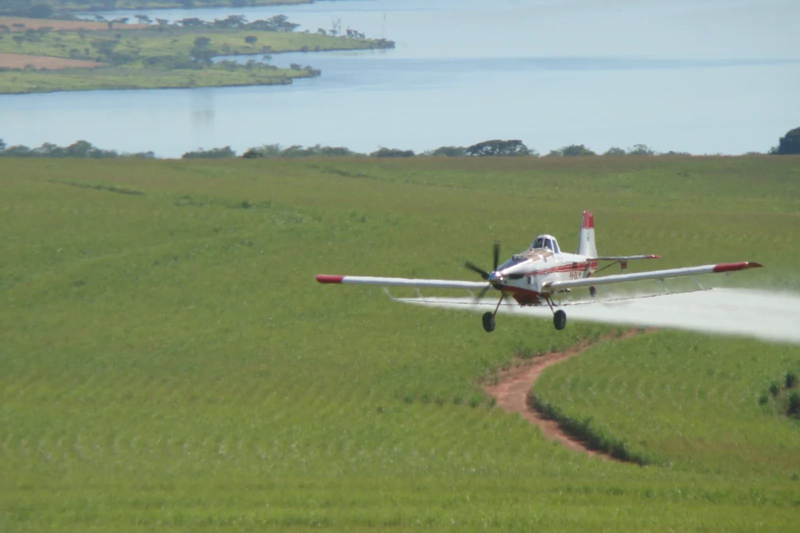 Avião agrícola branco e vermelho em voo baixo sobre uma lavoura verde, soltando uma faixa de pulverização, com uma represa ao fundo