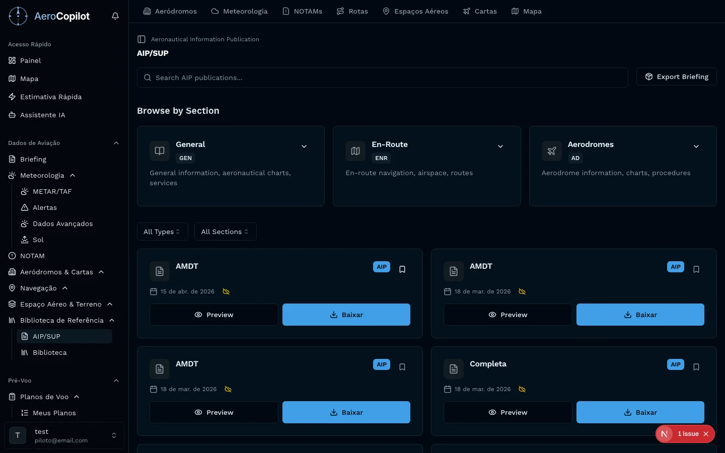 Biblioteca de cartas aeronáuticas no AeroCopilot com acesso a cartas IAC, SID, STAR, ADC e documentos AIP Brasil