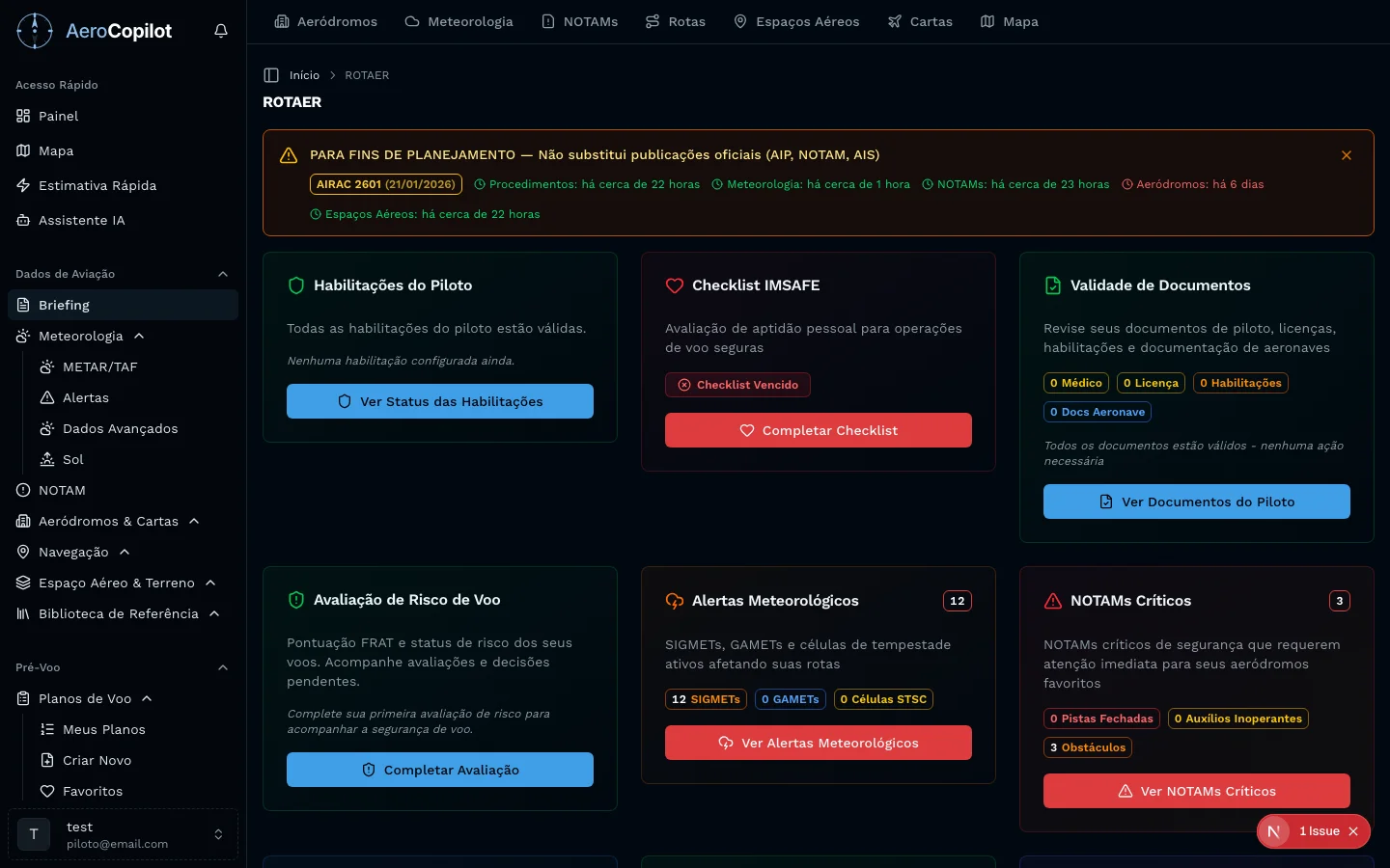 Painel de briefing ROTAER no AeroCopilot com visão geral dos dados aeronáuticos para geração do briefing PDF pré-voo
