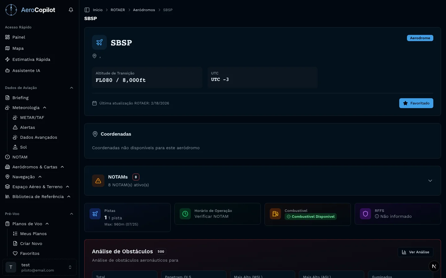 Digital Twin do aeródromo SBSP Congonhas no AeroCopilot com dados de pistas, frequências, procedimentos e meteorologia em tempo real