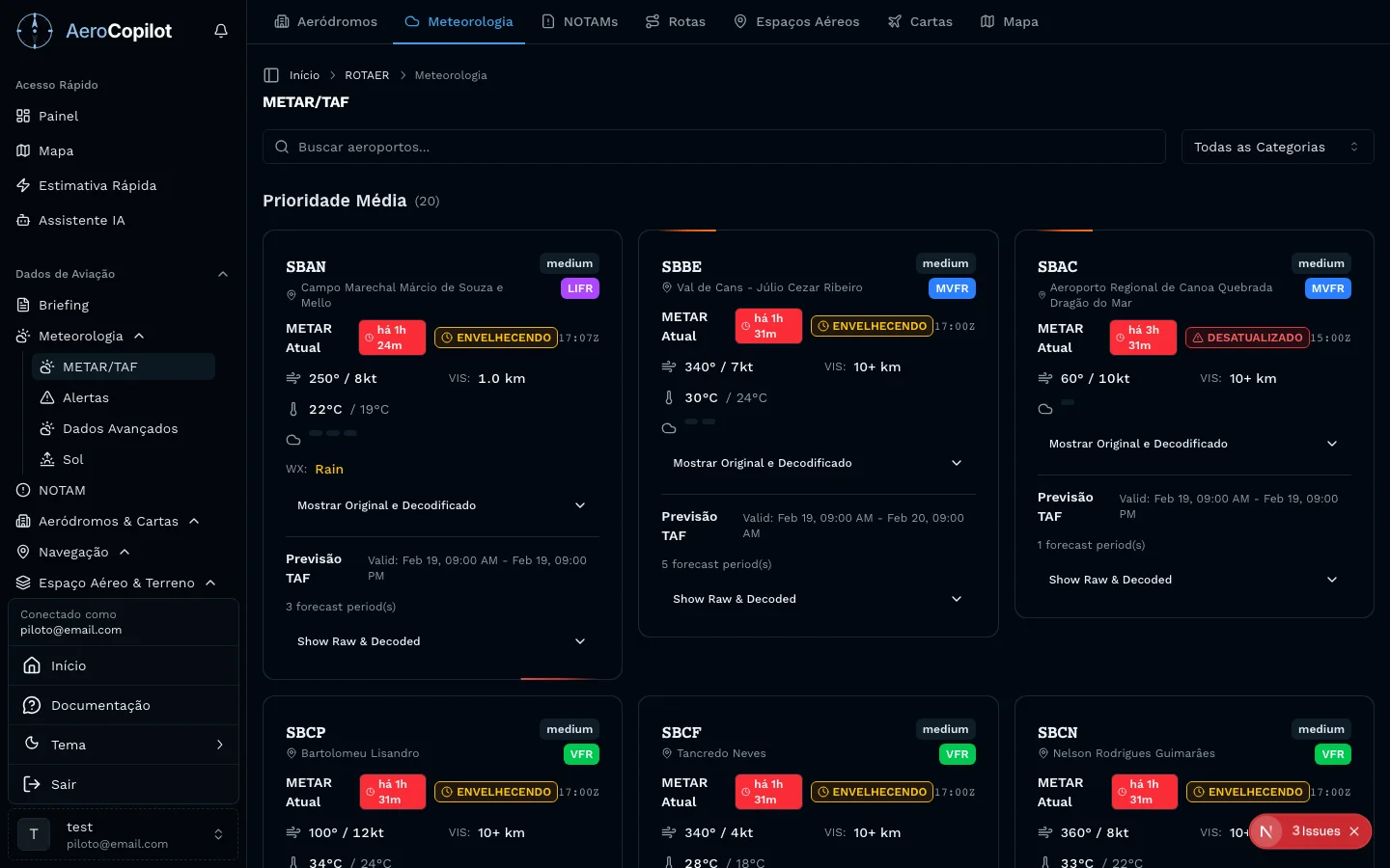 METAR decodificado no AeroCopilot exibindo vento, visibilidade, temperatura e previsão TAF com interpretação automática