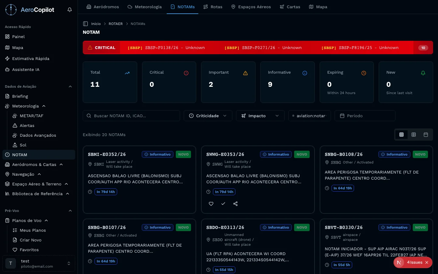 Consulta de NOTAMs no AeroCopilot com lista filtrada por aeródromo, categoria e criticidade, dados oficiais do AIS Brasil