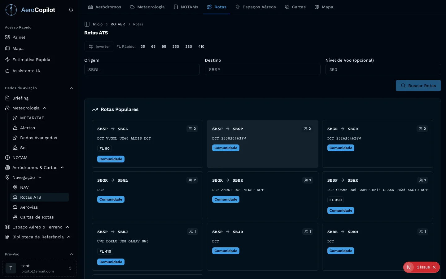 Consulta de rotas ATS e waypoints no AeroCopilot com aerovias brasileiras, fixos de navegação e informações de rota