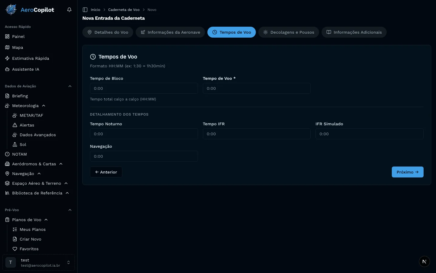 Passo 3 do formulário de lançamento — Tempos de voo com inputs no formato HH:MM