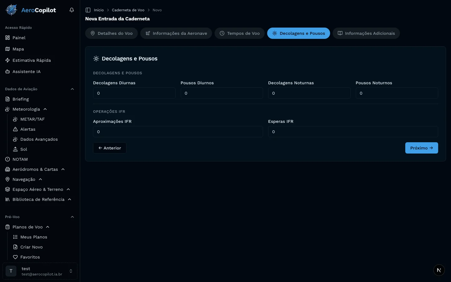 Passo 4 do formulário de lançamento — Decolagens, pousos e operações IFR