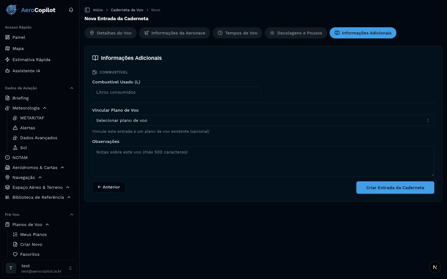 Passo 5 do formulário de lançamento — Informações adicionais com combustível, plano de voo e observações