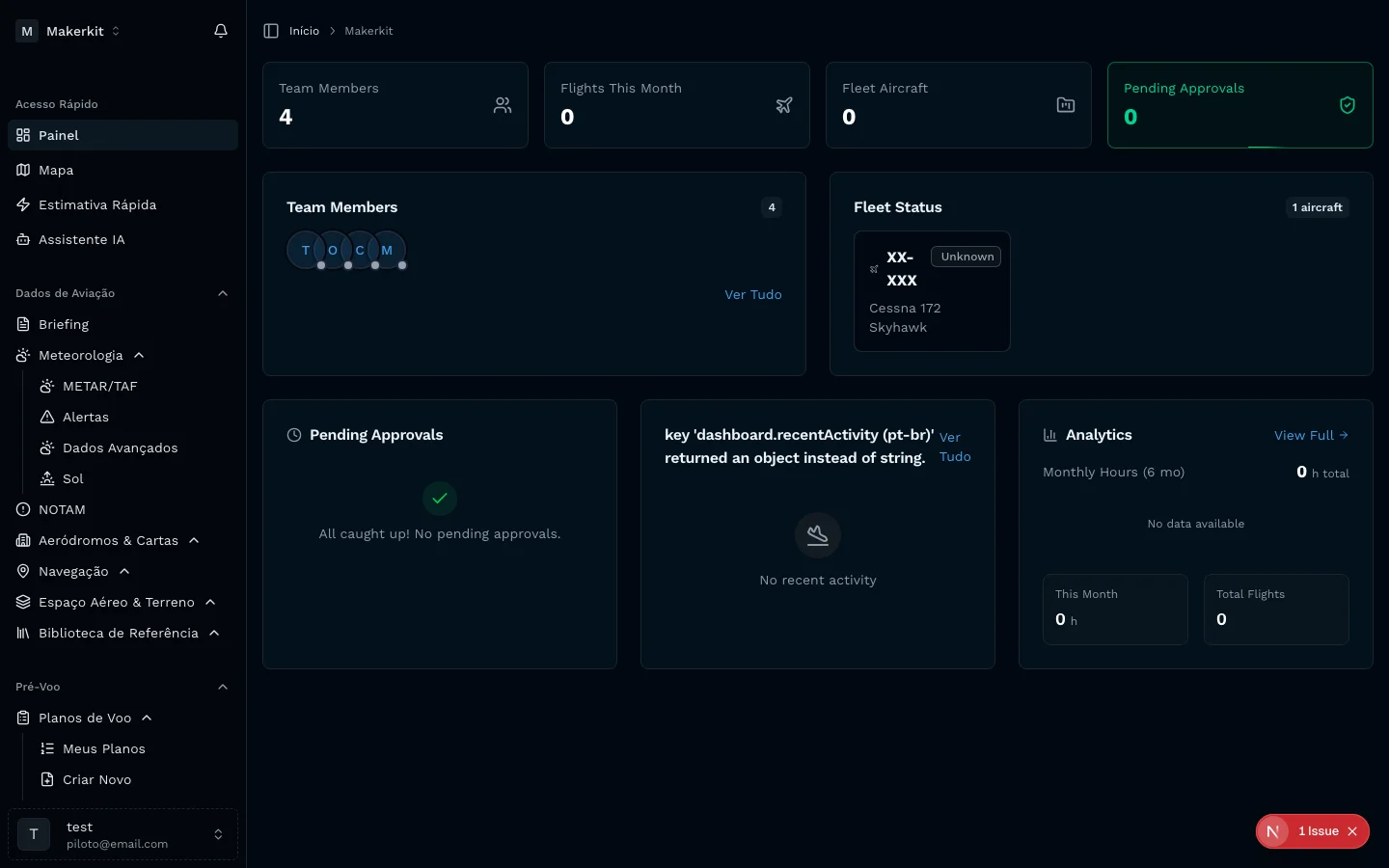 Dashboard de equipe no AeroCopilot mostrando painel de gestao com membros, aeronaves compartilhadas e visão operacional