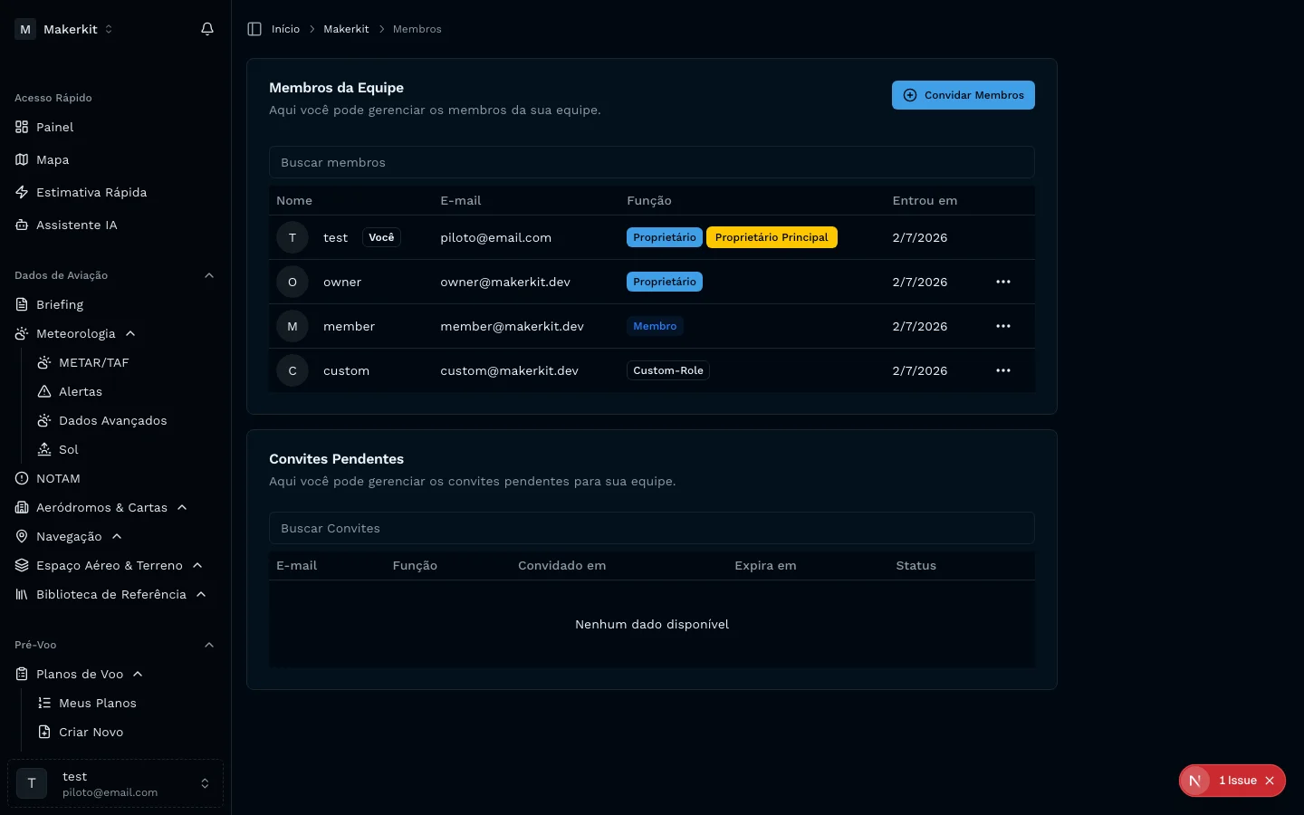 Gerenciamento de membros e permissoes de equipe no AeroCopilot com papeis de administrador, piloto e observador