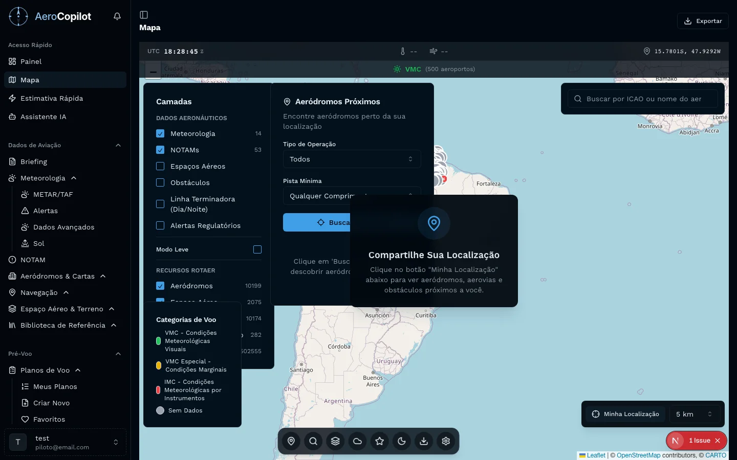 Mapa interativo de aviação do AeroCopilot exibindo aeródromos, espaços aéreos, meteorologia e rotas sobre o território brasileiro