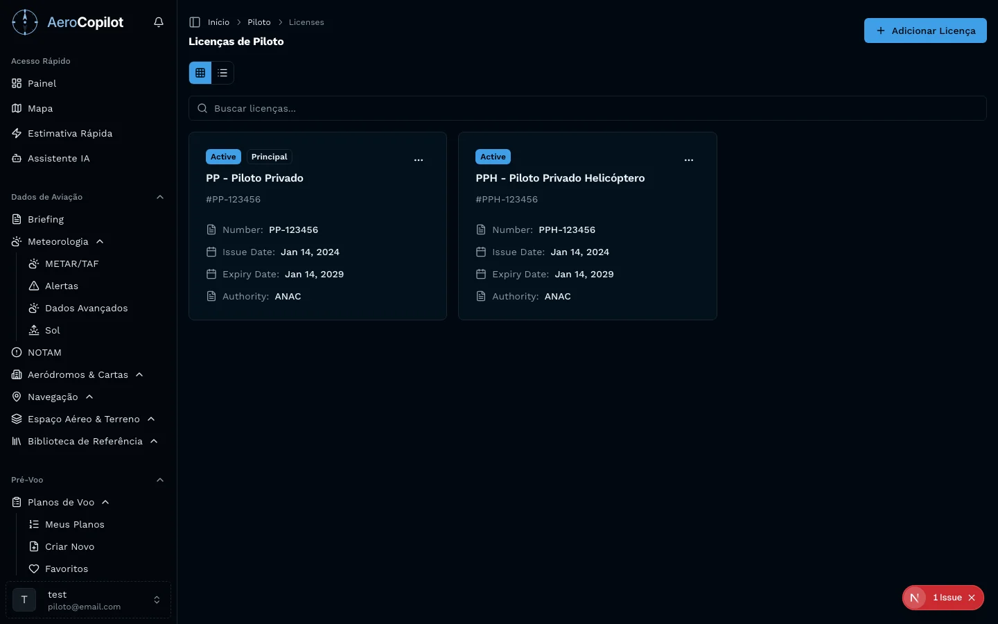 Cadastro de licenças de piloto no AeroCopilot com campos para PP, PC, PLA e habilitações ANAC conforme RBAC 61/67