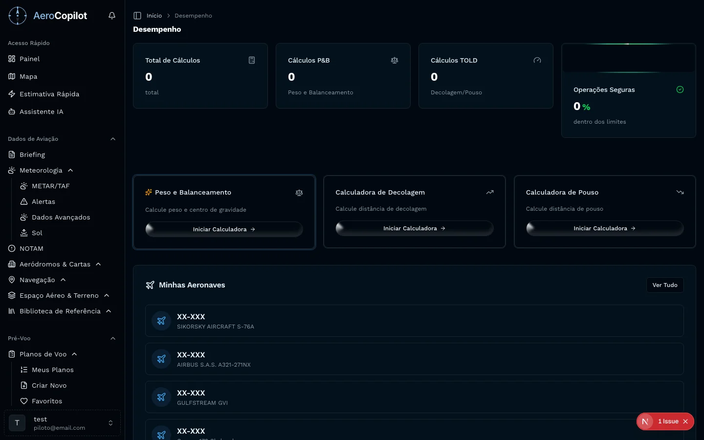 Painel de performance aeronáutica no AeroCopilot com cálculos de decolagem, pouso, altitude densidade e decisão GO/NO-GO