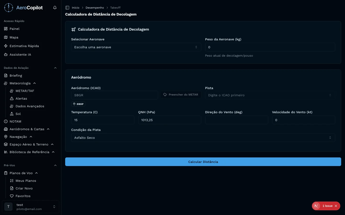 Calculadora de distância de decolagem no AeroCopilot considerando peso, temperatura, altitude e condição de pista