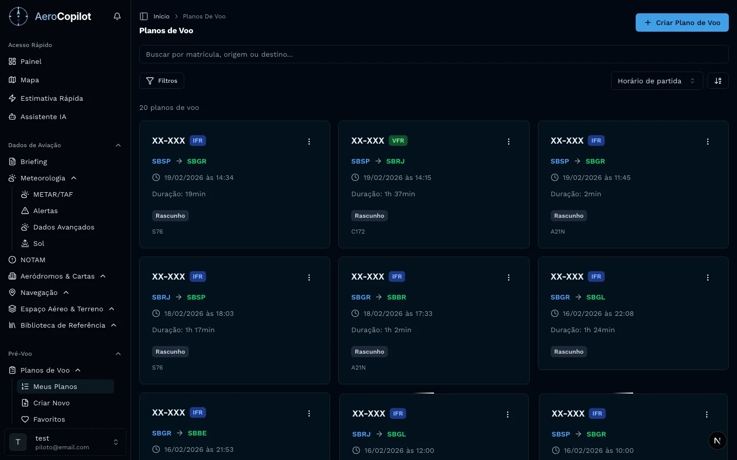 Tela de planos de voo simplificados PVS no AeroCopilot para voos VFR dentro de uma FIR