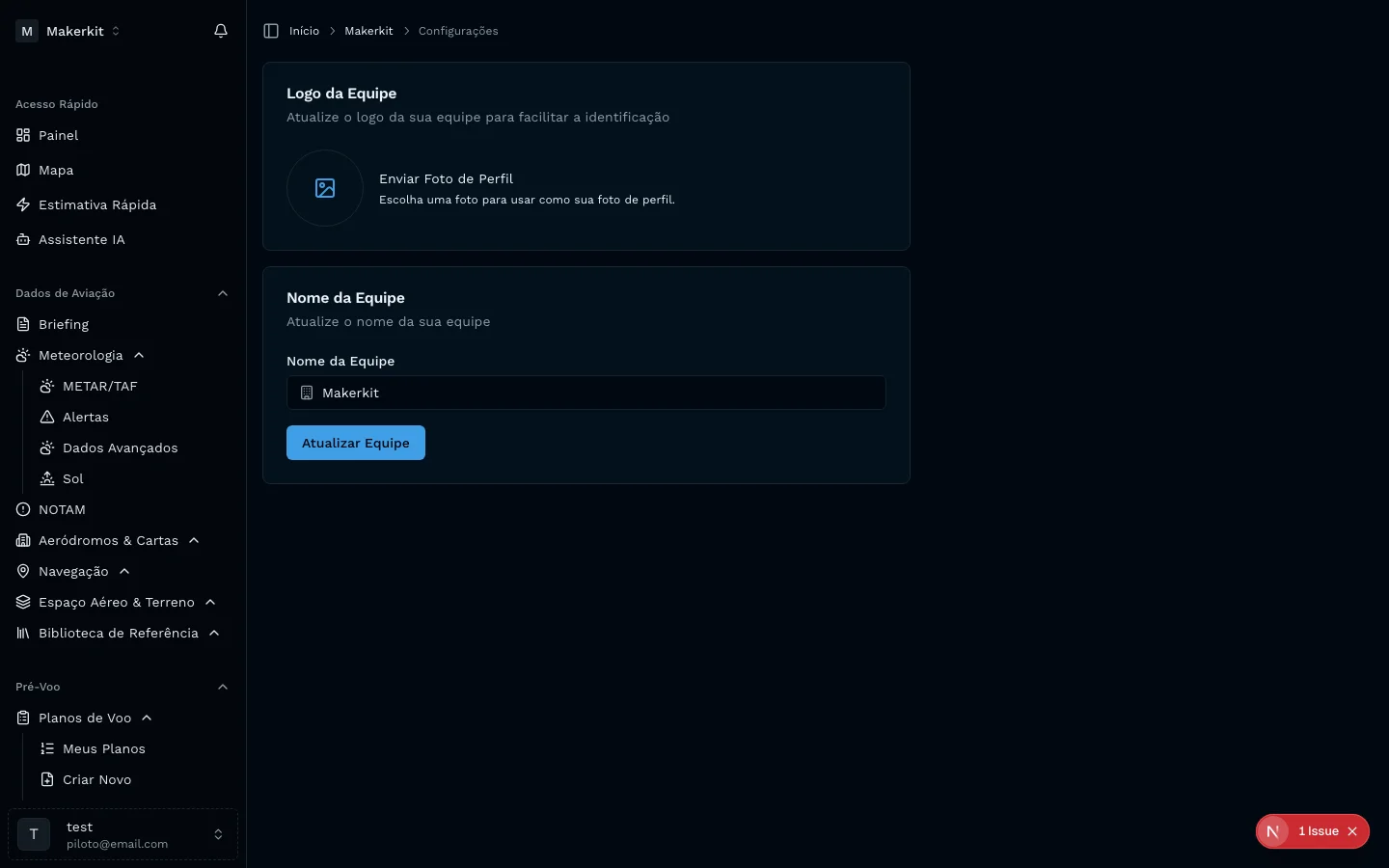 Portal do proprietario no AeroCopilot com configurações de equipe, gestao de frota e controle operacional da organização