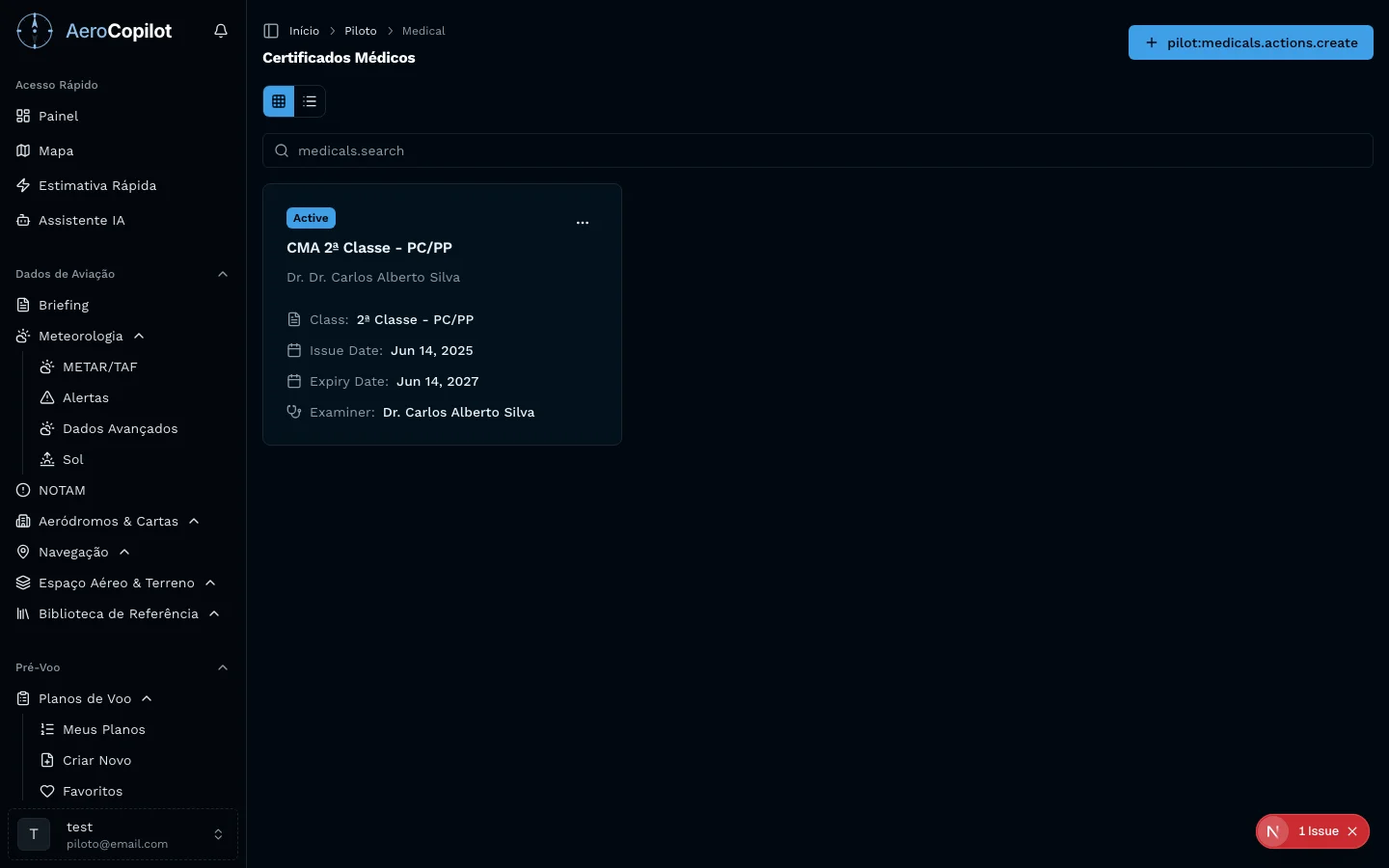 Gerenciamento de CMA (Certificado Médico Aeronáutico) no AeroCopilot com datas de emissão, vencimento e classe médica