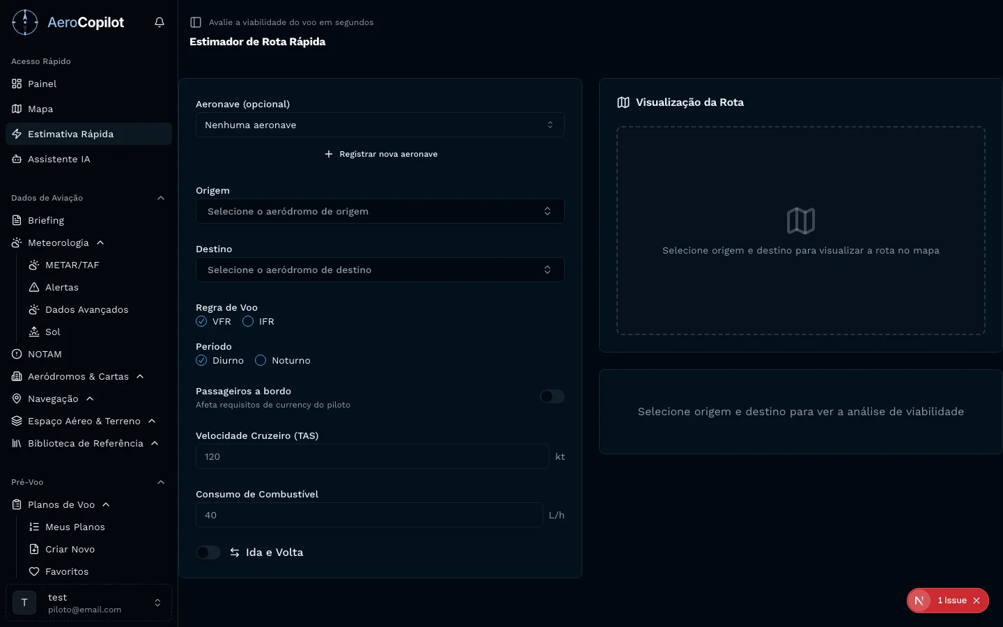 Calculadora de Rota Rápida no AeroCopilot para estimativa de distância, tempo e combustível entre aeródromos brasileiros