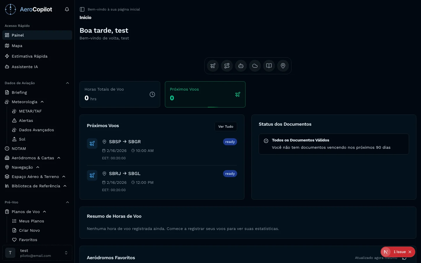 Dashboard principal do AeroCopilot mostrando próximos voos, meteorologia favorita, status de documentos e ações rápidas para pilotos