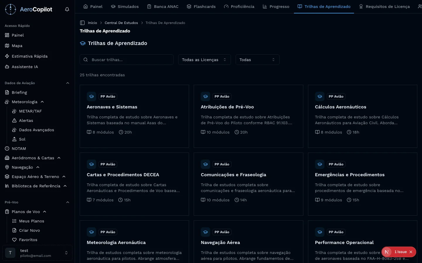 Trilhas de aprendizado no AeroCopilot com learning paths personalizados para licenças PP, PC e PLA com progresso e requisitos