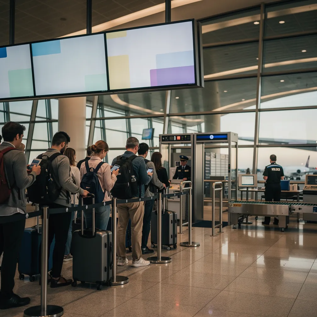 Area de embarque e seguranca em aeroporto brasileiro com novas regras ANAC para passageiros