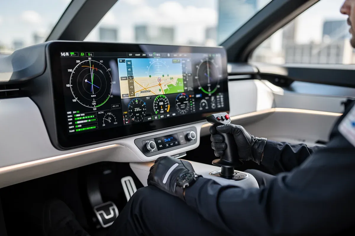 Cabine de eVTOL com instrumentos de voo digitais e controles laterais, visao do piloto