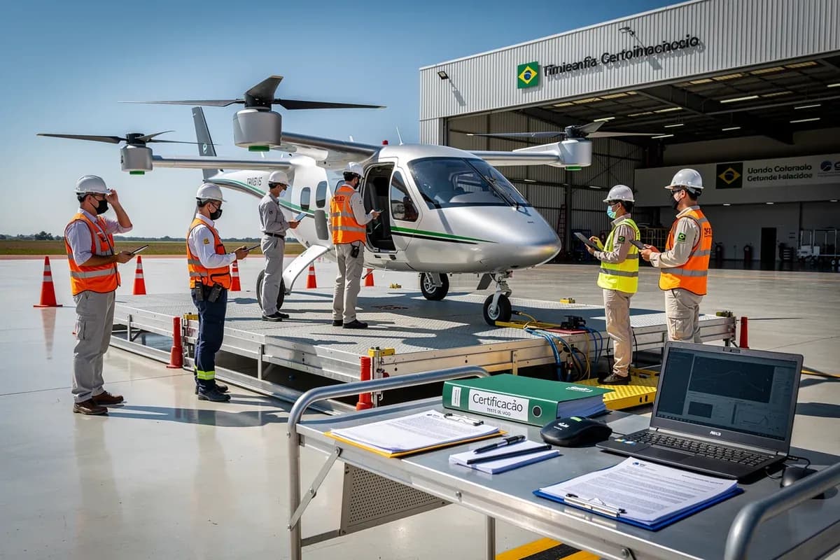 Prototipo eVTOL em plataforma de testes no Brasil com logotipo de certificacao ANAC