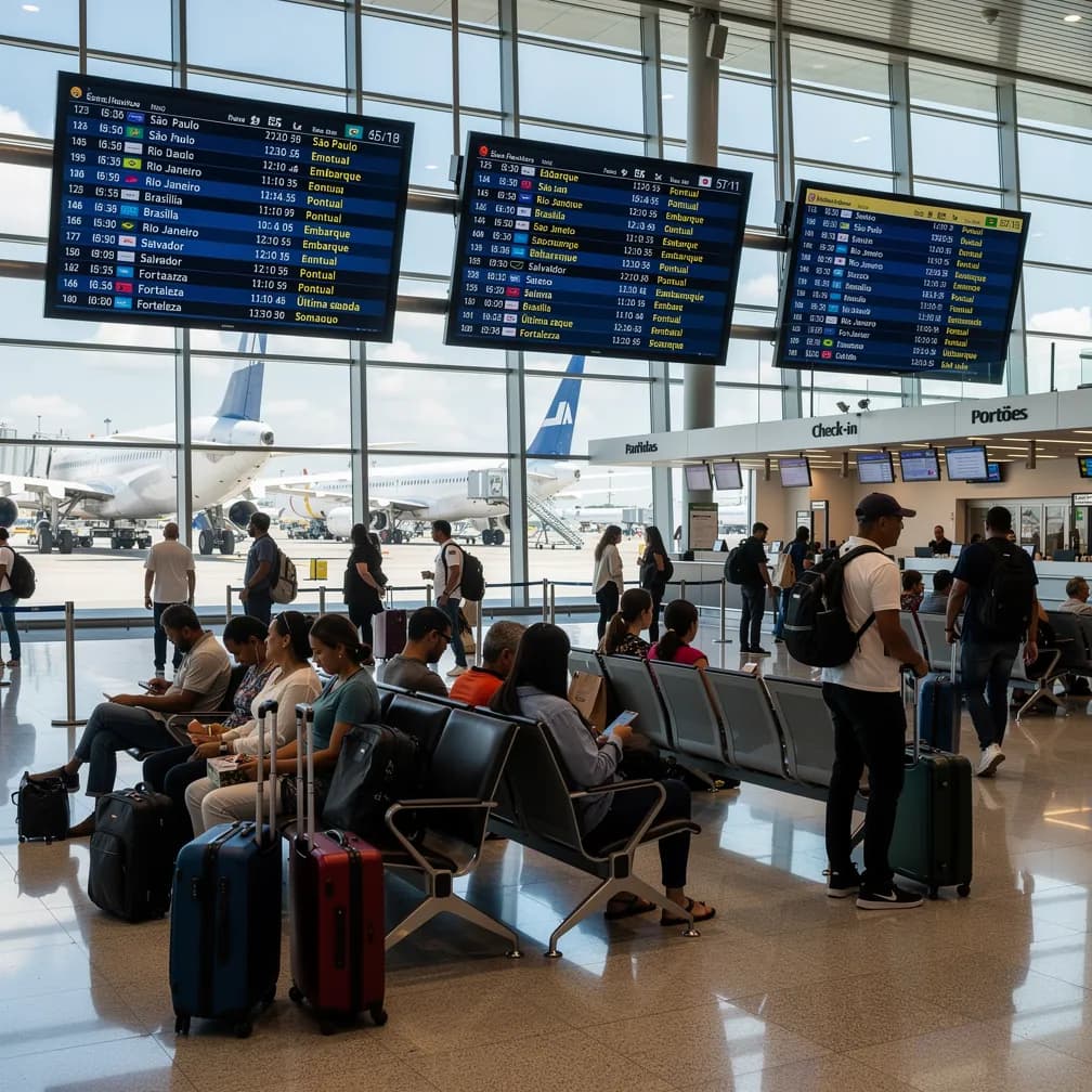 Terminal de aeroporto brasileiro lotado com passageiros em 2025, recorde histórico da aviação civil