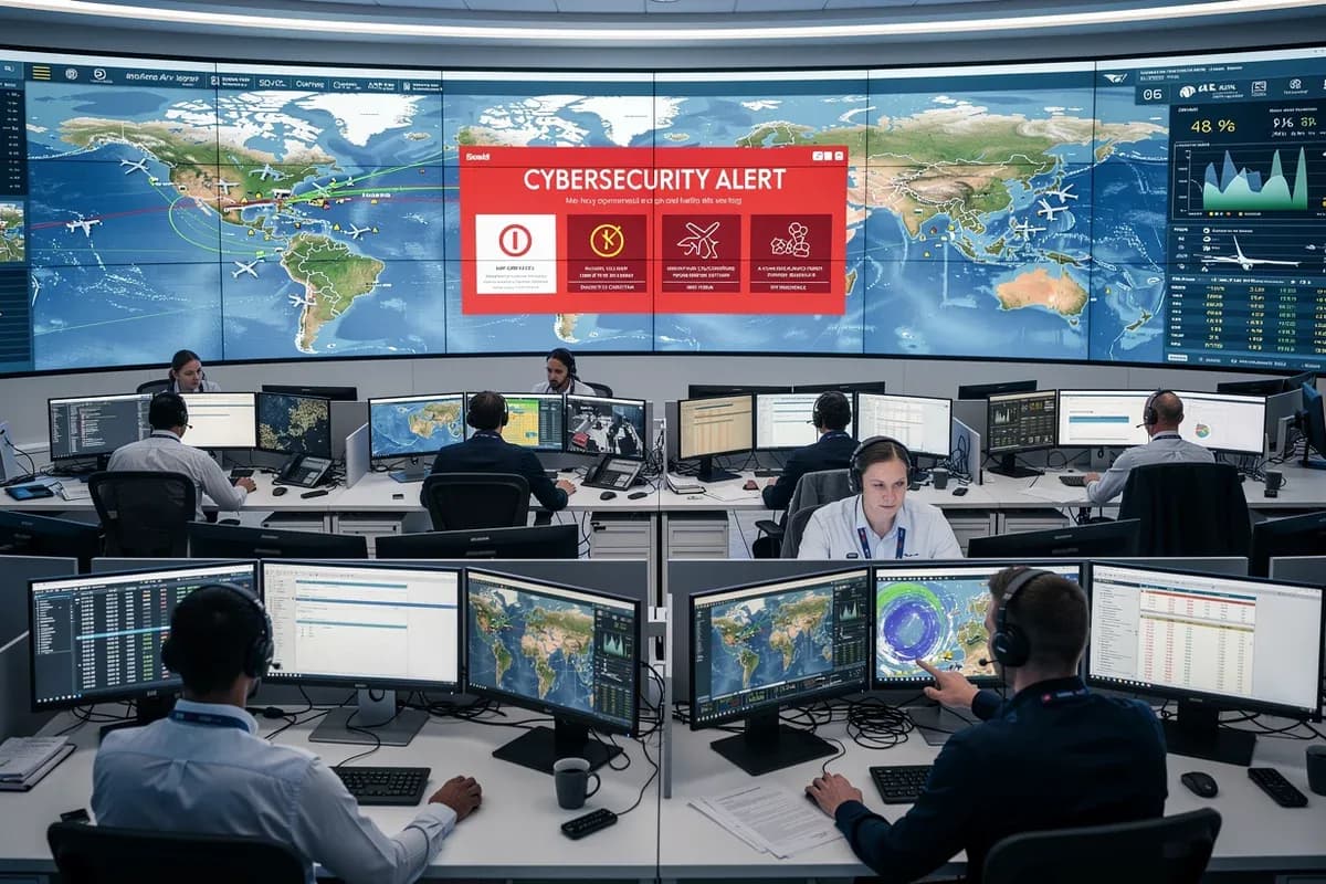 Tela de computador mostrando alerta de seguranca cibernetica em centro de operacoes de companhia aerea