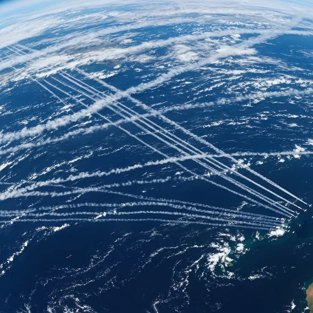 Visão de satélite mostrando contrails de aviação sobre Atlântico Norte, impacto climático