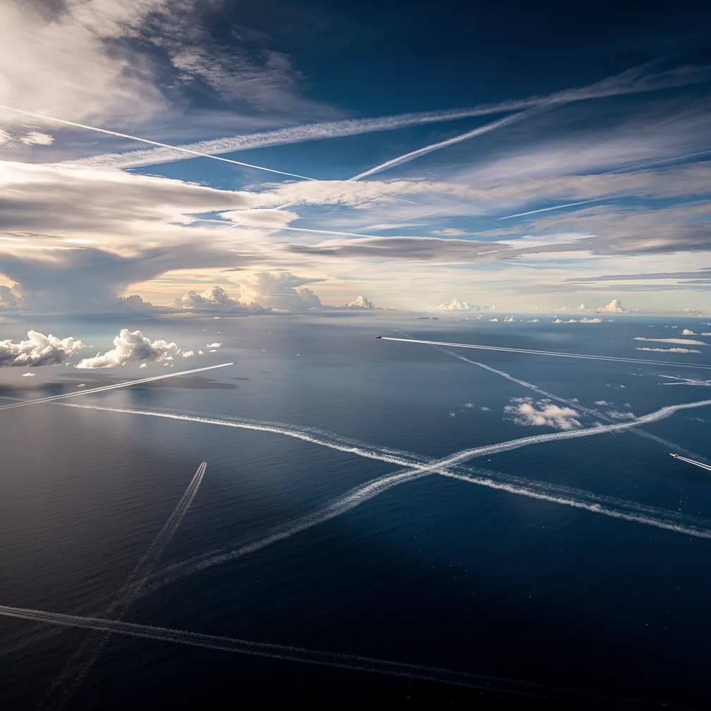 Oceano Atlantico Sul visto de altitude, rota de voos transatlanticos Brasil-Europa com PBCS