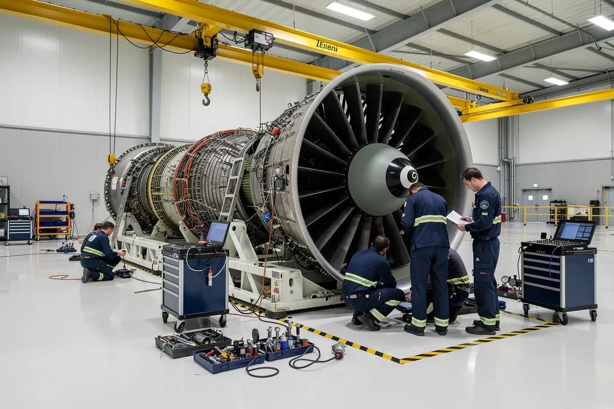 Motor turbofan GTF montado em asa de Airbus A320neo em hangar de manutencao