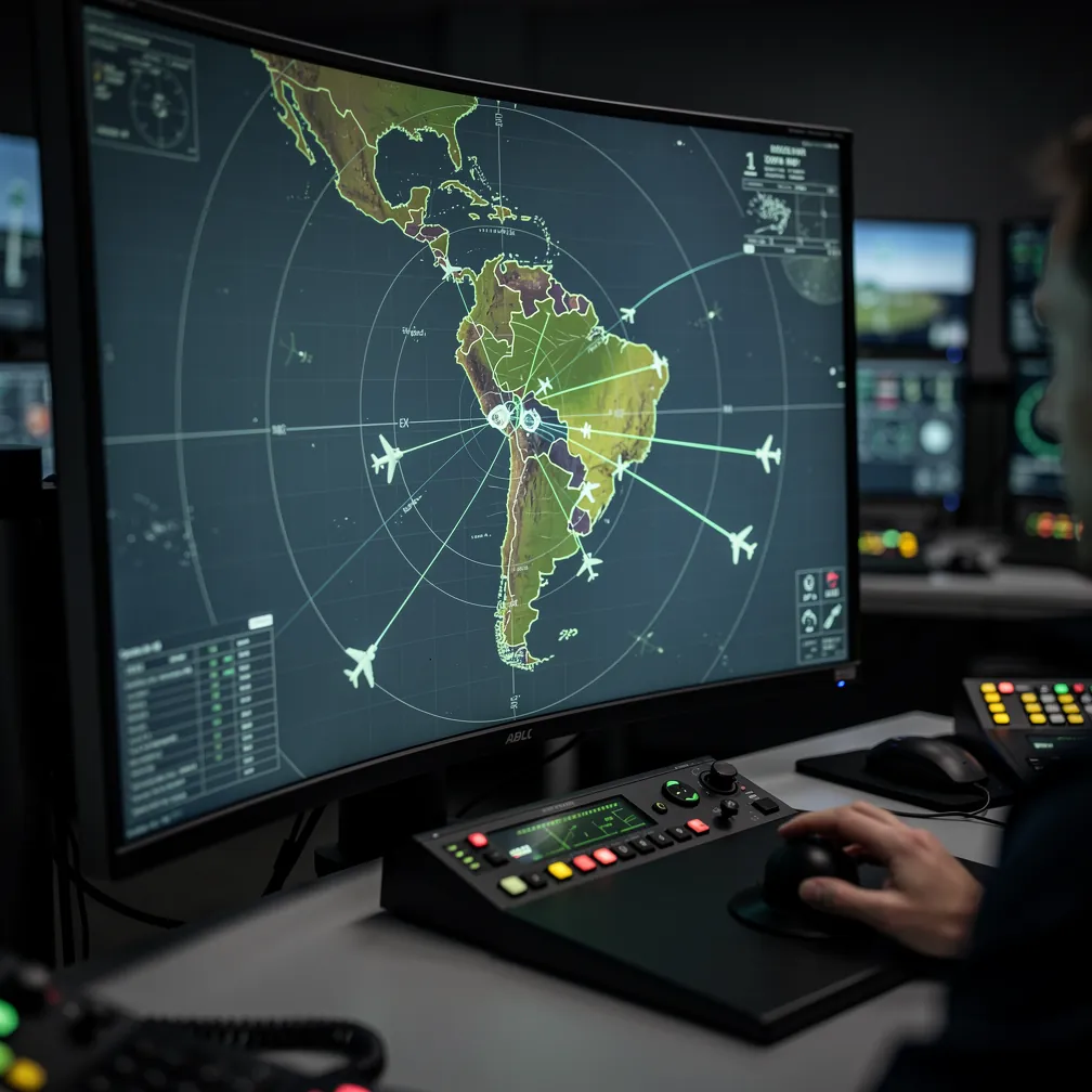 Centro de controle de trafego aereo com tela radar mostrando aeronaves sobre America do Sul