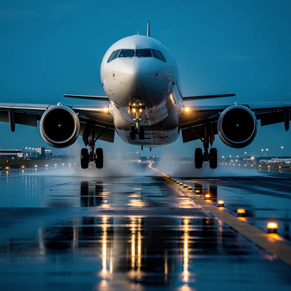 Aeronave comercial pousando com seguranca em pista molhada, indicador de seguranca operacional