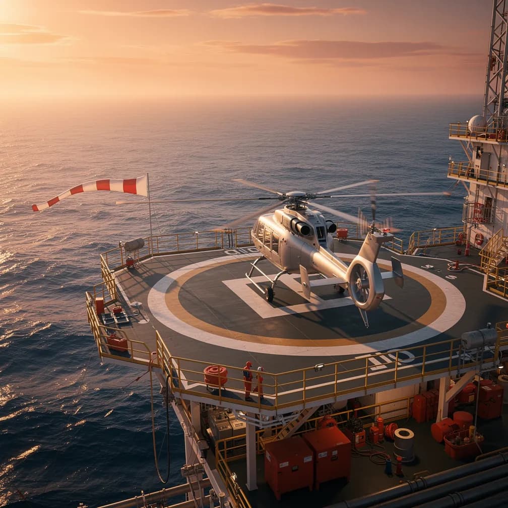 Helicoptero pousando em heliporto de plataforma offshore com novos padroes ICAO de certificacao