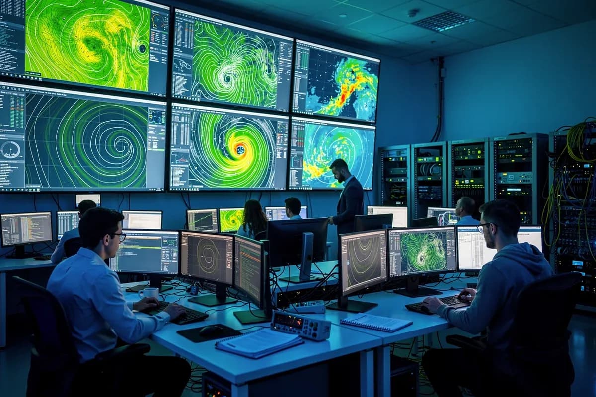 Laboratorio de pesquisa atmosferica com equipamentos de modelagem computacional e telas de previsao meteorologica