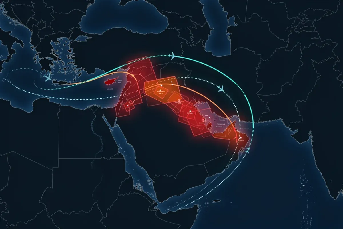 Mapa do Oriente Medio com areas de restricao de espaco aereo destacadas em vermelho, rotas aereas desviadas