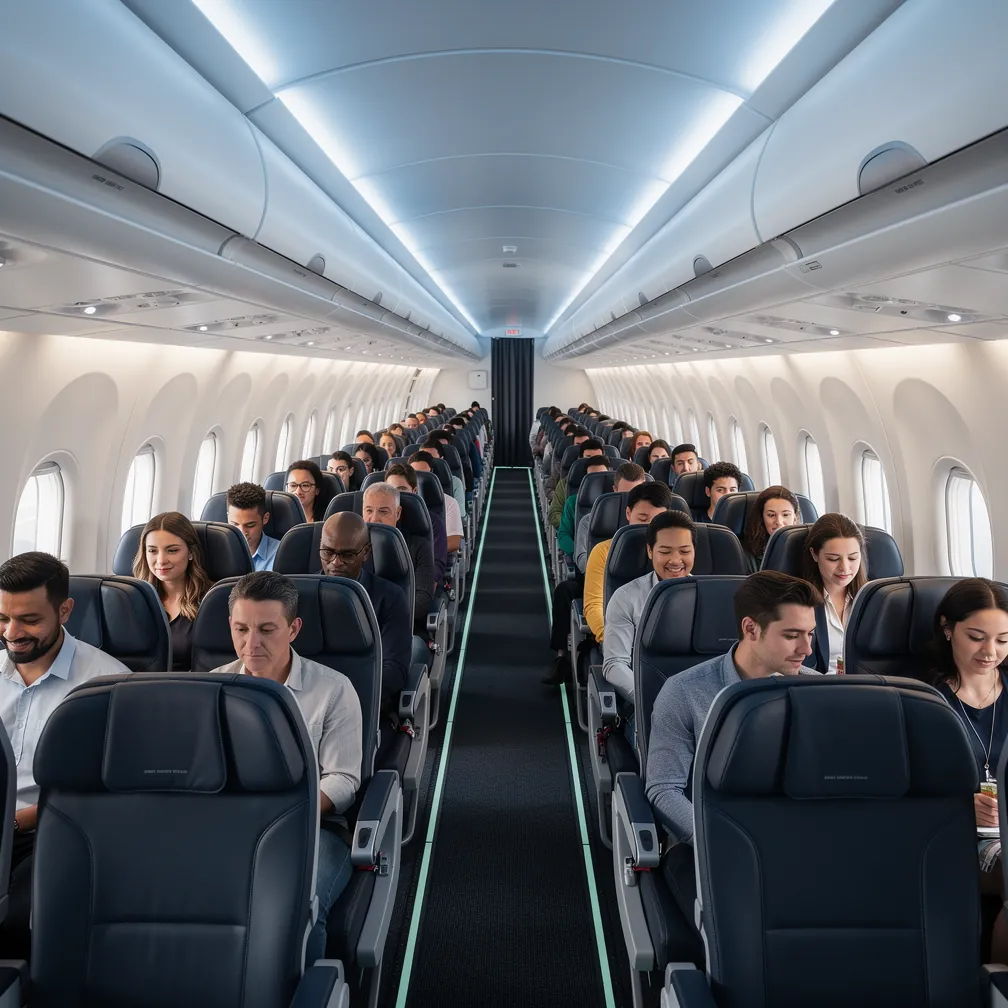 Cabine economy de aeronave moderna com alta taxa de ocupacao, eficiencia na reducao de emissoes