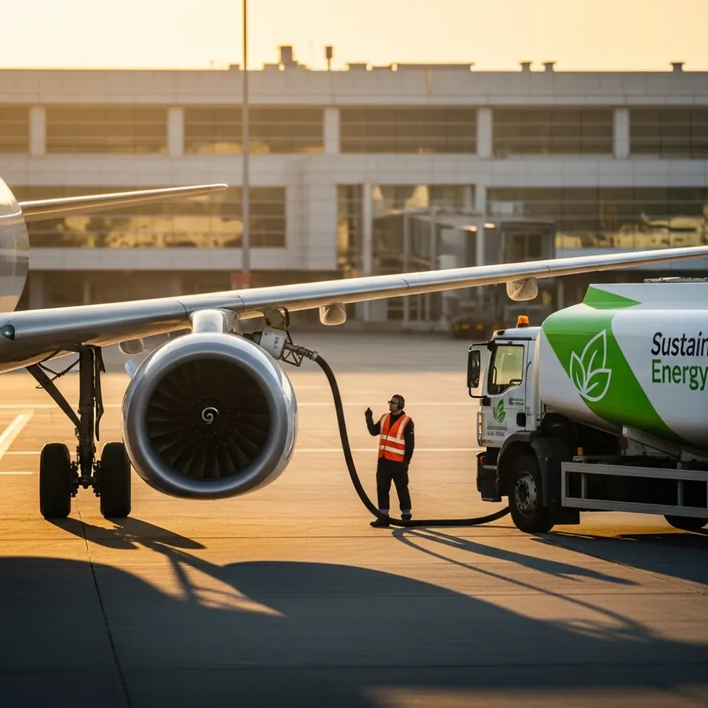 Abastecimento de aeronave com combustivel sustentavel SAF em aeroporto europeu