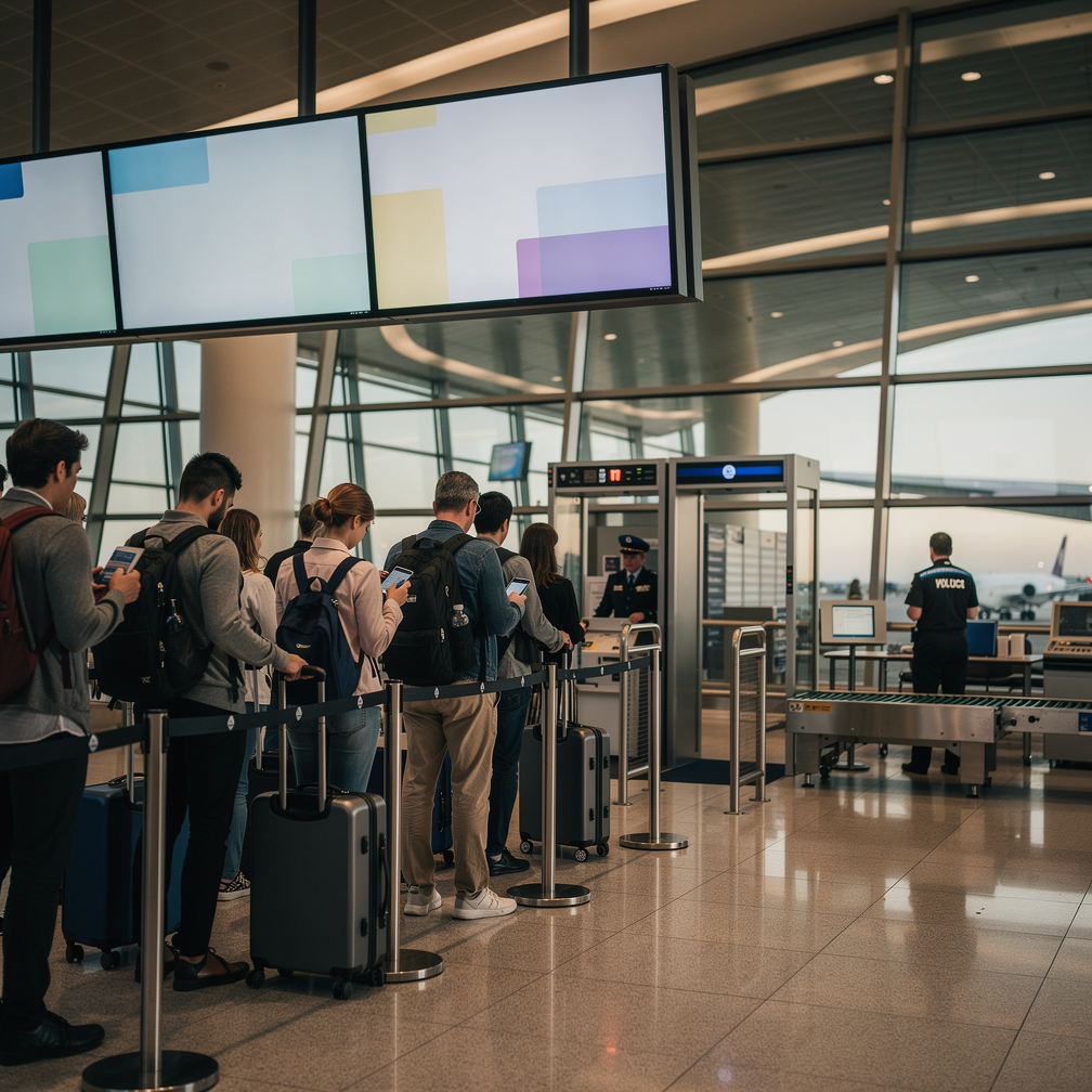 Area de embarque e seguranca em aeroporto brasileiro com novas regras ANAC para passageiros