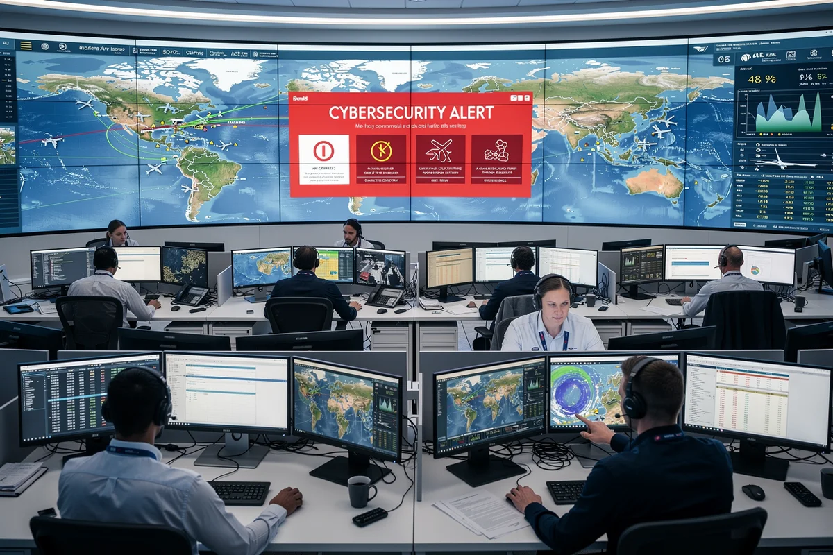 Tela de computador mostrando alerta de seguranca cibernetica em centro de operacoes de companhia aerea