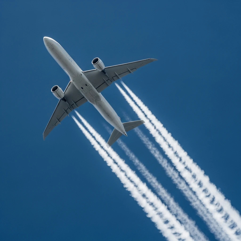 Aeronave comercial produzindo rastro de condensacao contrail em altitude contra ceu azul