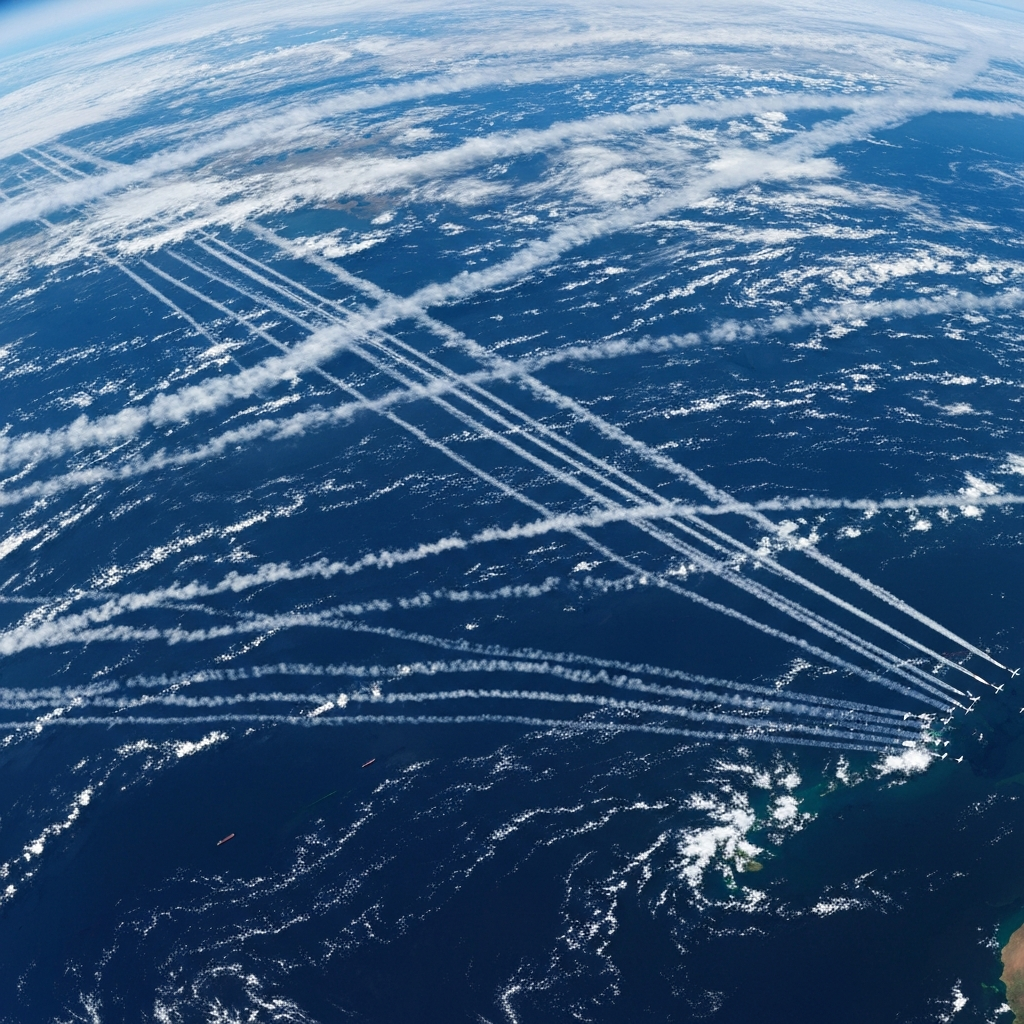 Visao de satelite mostrando contrails de aviacao sobre Atlantico Norte, impacto climatico