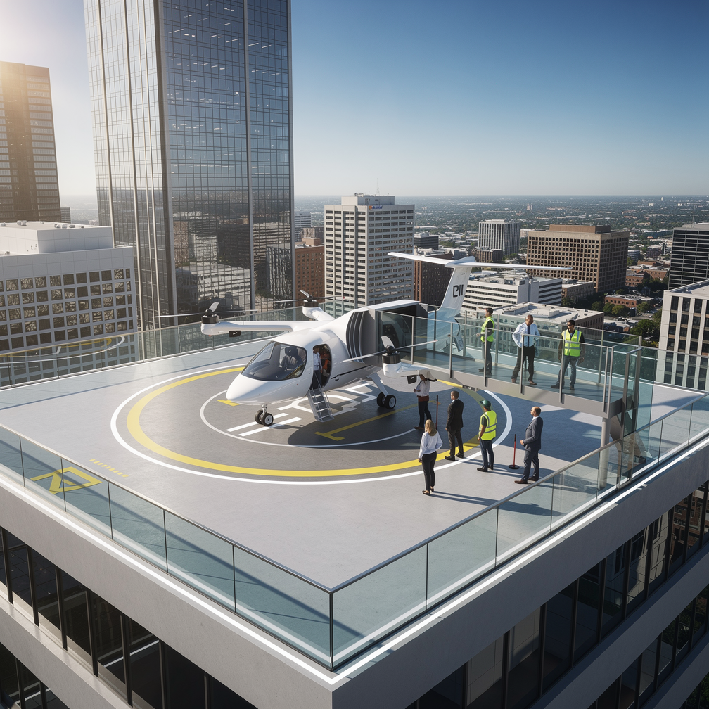 Vertiporto urbano com eVTOL pousado e passageiros embarcando, mobilidade aerea avancada