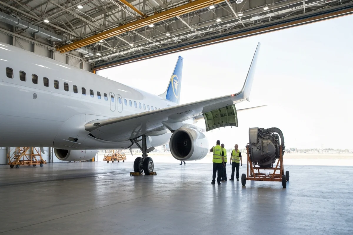 Aeronave Airbus A320neo estacionada em hangar com motor removido para inspecao de recall GTF