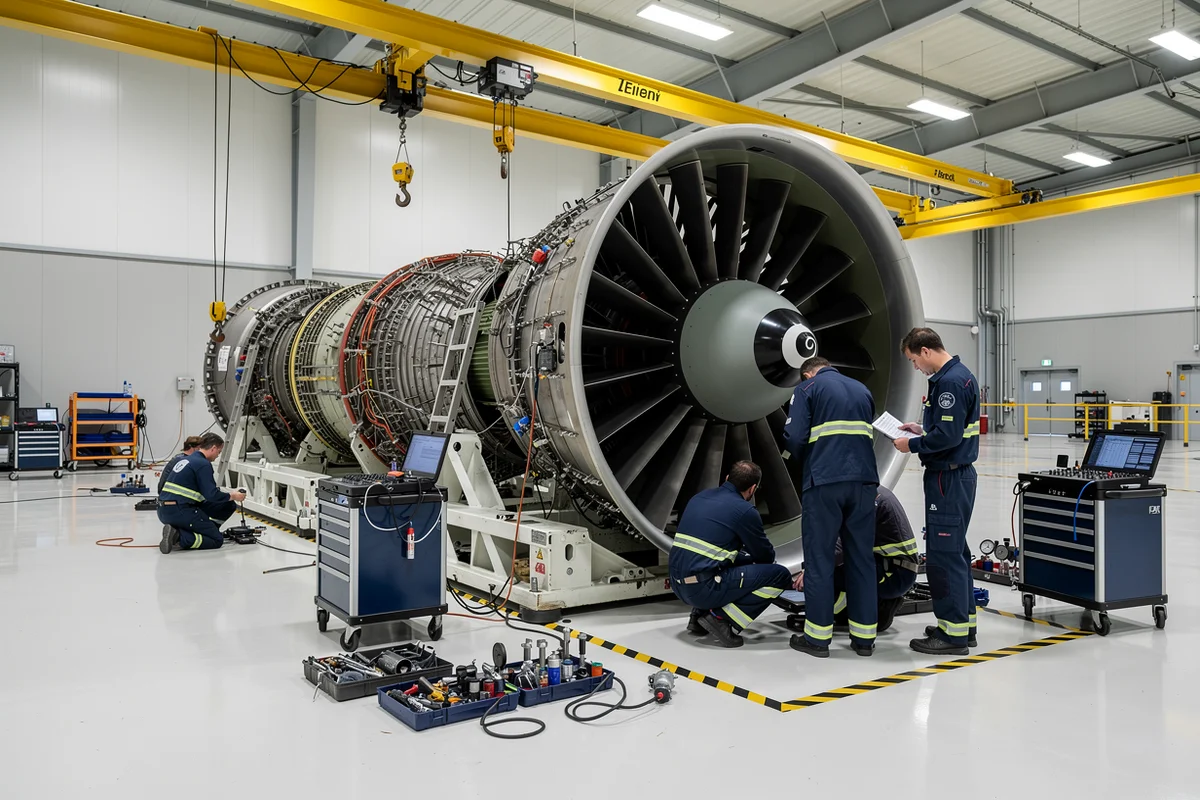 Motor turbofan GTF montado em asa de Airbus A320neo em hangar de manutencao