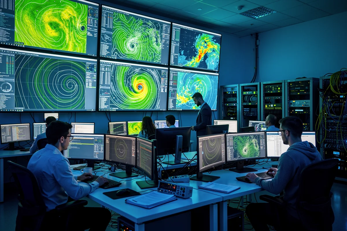 Laboratorio de pesquisa atmosferica com equipamentos de modelagem computacional e telas de previsao meteorologica