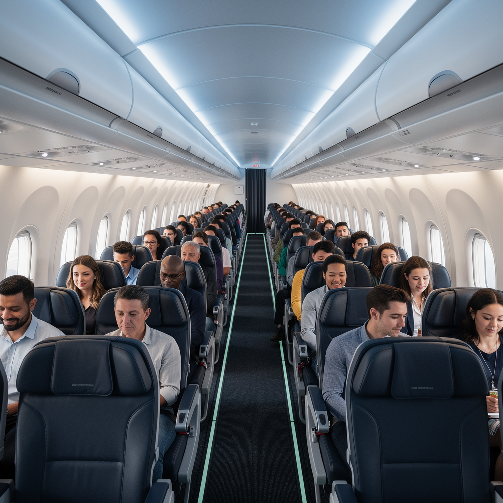 Cabine economy de aeronave moderna com alta taxa de ocupacao, eficiencia na reducao de emissoes