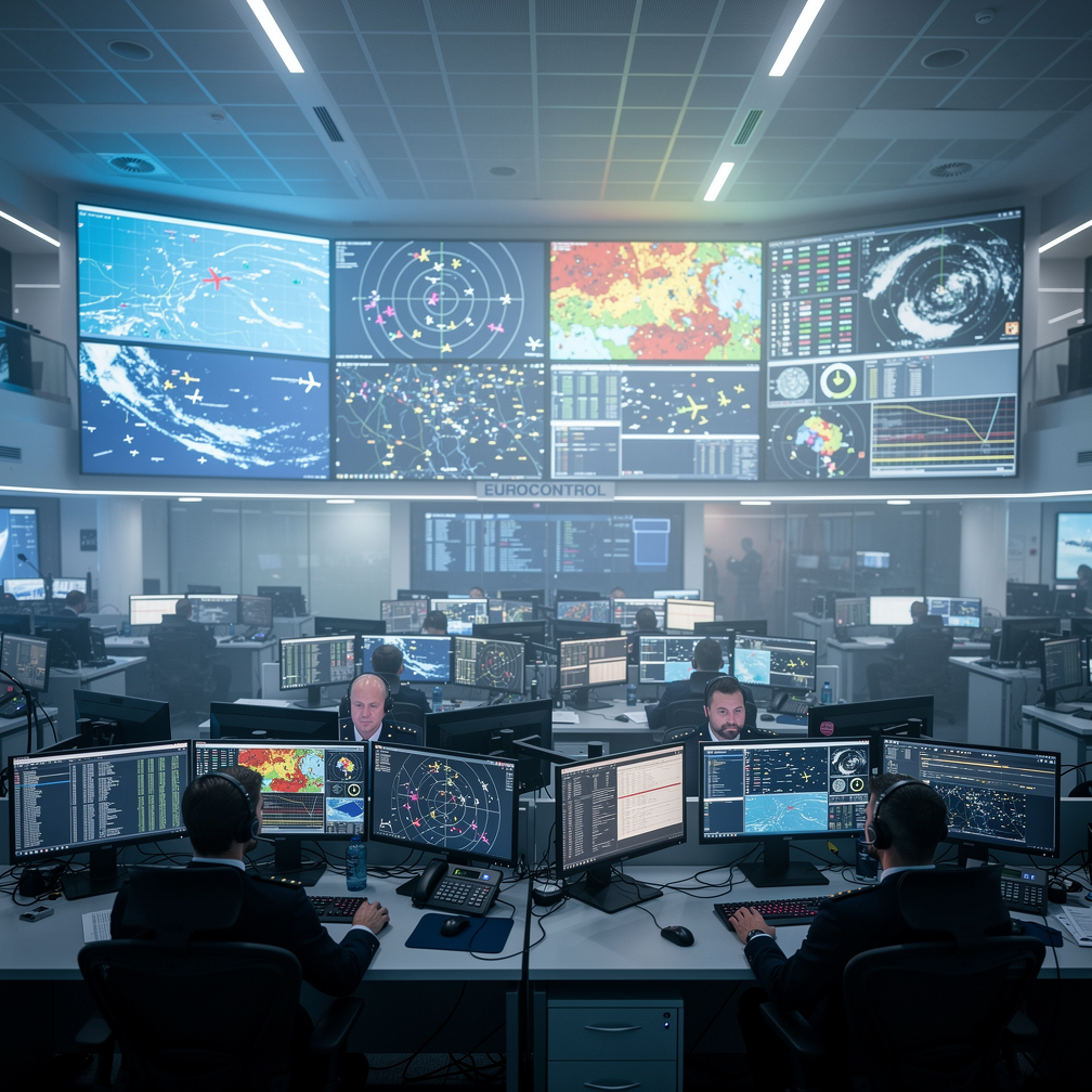 Centro de operacoes EUROCONTROL com telas de gerenciamento de trafego aereo digital