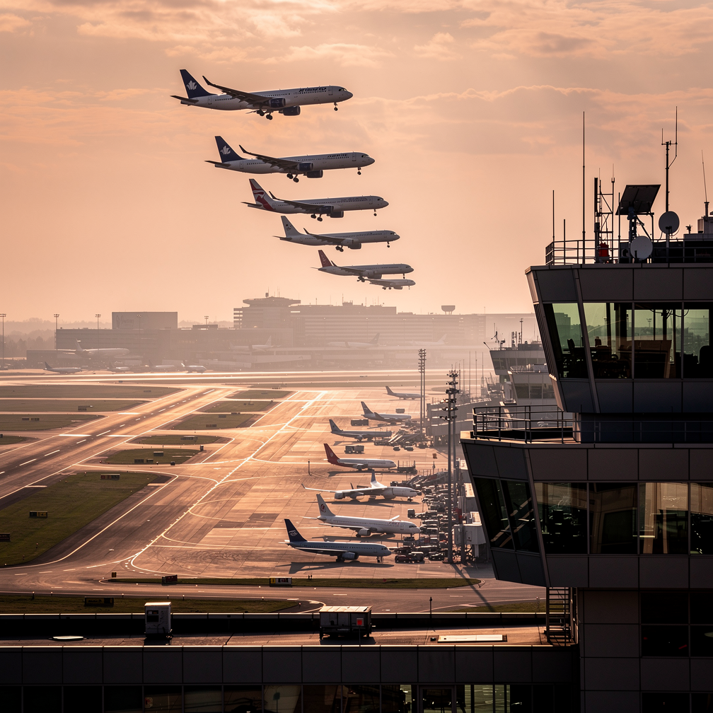 Trafego aereo europeu com multiplas aeronaves em aproximacao, modernizacao ATM pelo SESAR